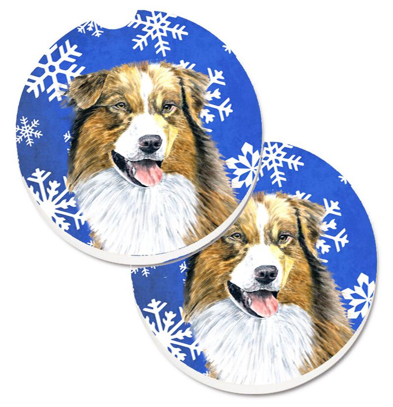 Caroline's Treasures Australian Shepherd Winter Snowflakes Holiday Set of 2 Cup Holder Car Coasters SC9397CARC, 2.56, Multicolor image number 0
