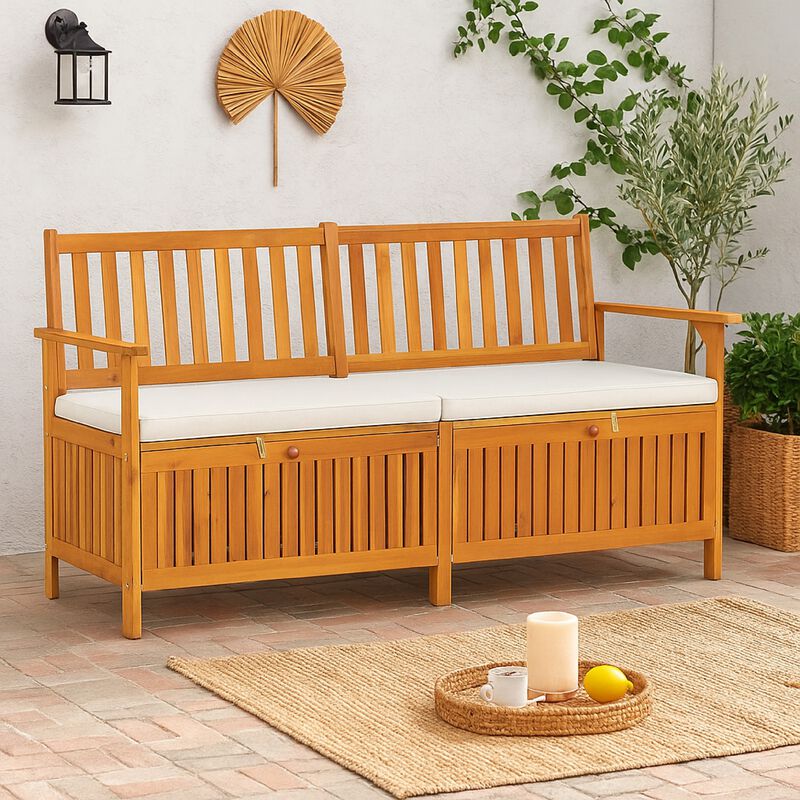 Outdoor Storage Bench, 58 Inch Brown Acacia Wood, Cream White Cushion - Benzara
