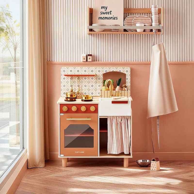 Mediterranean Play Kitchen for Toddlers - Wooden Kids Kitchen Playset with Cutting Food & Cookware, Oven, Stove, Sink, Built-In Storage image number 9