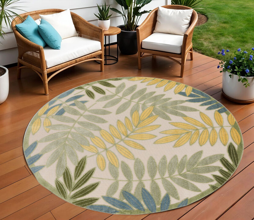 HomeRoots 8' Green Yellow And Blue Round Palm Leaf Indoor Outdoor Area Rug