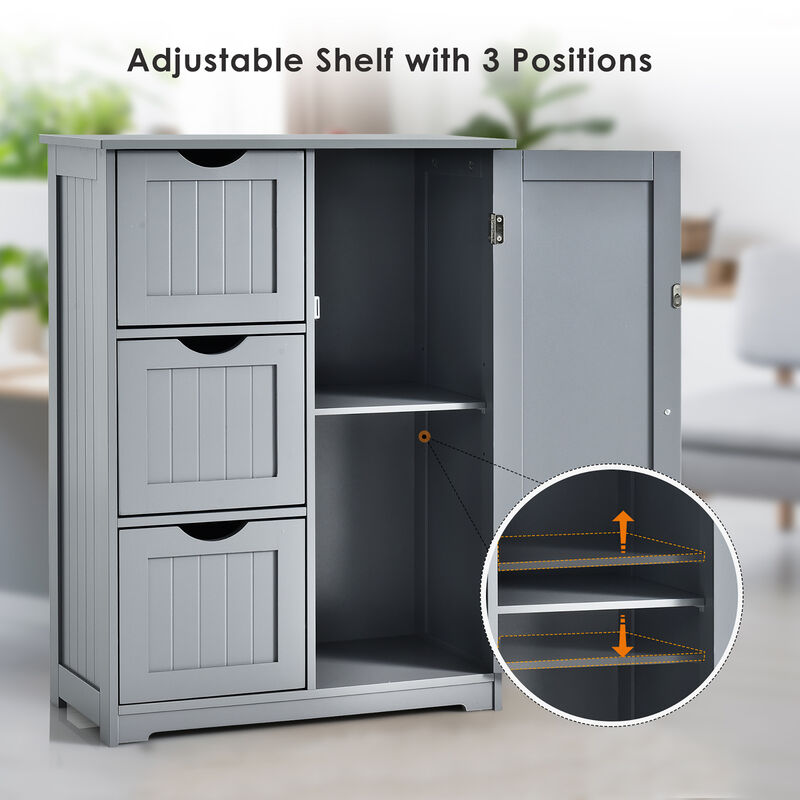 Costway Bathroom Floor Cabinet Side Storage Cabinet with 3 Drawers and 1 Cupboard Grey