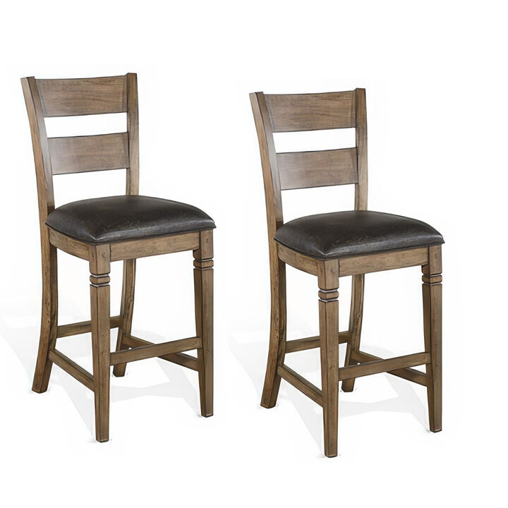 Yael Barstool Chair, Set of 2, Ladderback, Black Microfiber, Taupe Mahogany Wood - Benzara