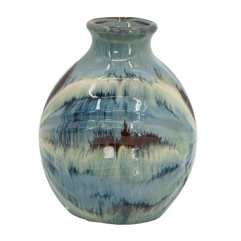HomeRoots 11" Blue Beige And Brown Abstract Round Ceramic Table Vase image number 2