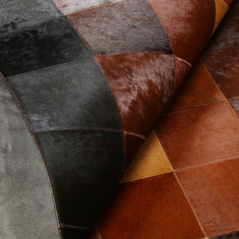 Checkered Pattern Black and Brown Cowhide Patchwork Rug image number 3
