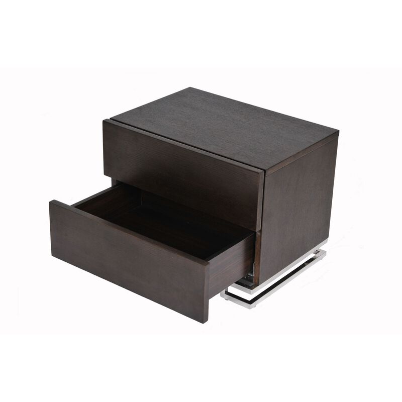 Sam 20 Inch Nightstand, 2 Drawers, Espresso Brown, High Polished Metal Legs - Benzara