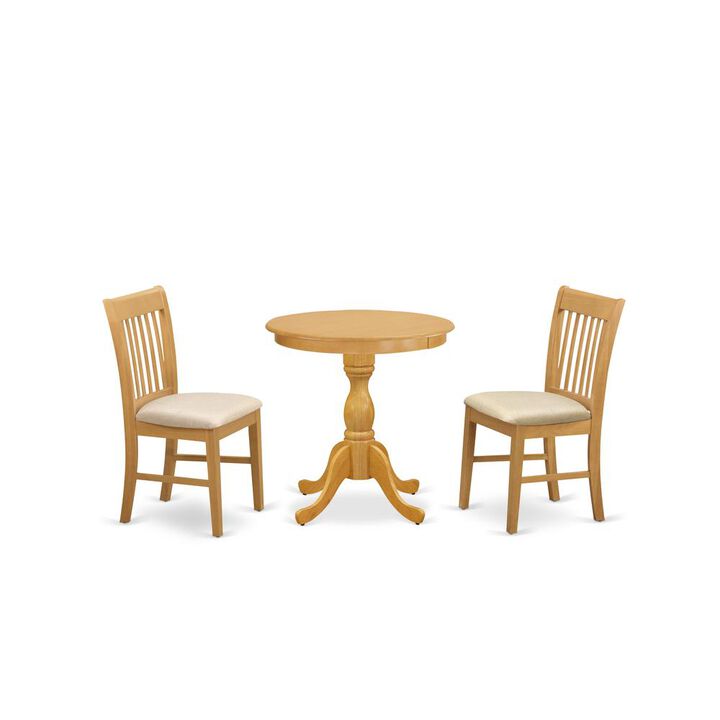 East West Furniture - ESNF3-OAK-C - 3-Pc Modern Dining Set - 2 Mid Century Dining Chairs and 1 Kitchen Dining Table (Oak Finish)