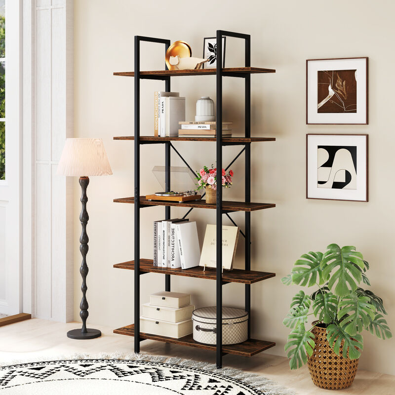 5-Tier 62 Inch Tall Vintage Industrial Bookcase with Open Storage Shelves-Rustic Brown