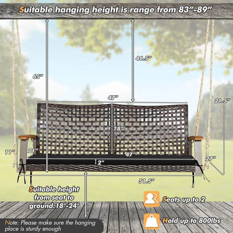 Mondawe 2-Person Rattan Hanging Porch Swing Chair with Loveseat Cushion