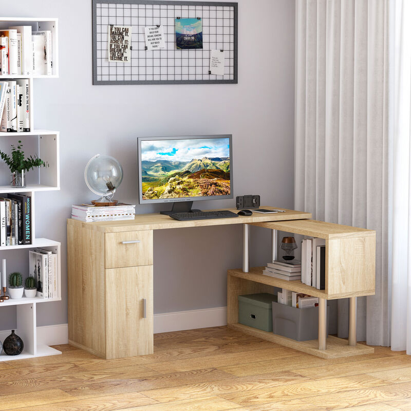 Wooden L-Shaped Home Office PC Desk w/Adjustable Swivel Shelving, Natural Wood