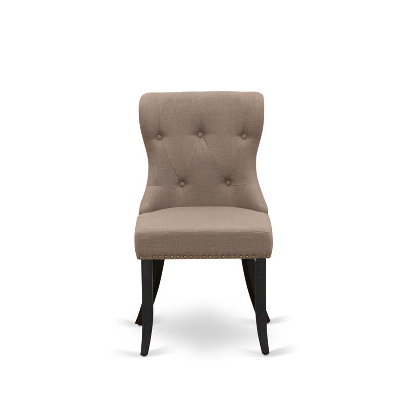 East West Furniture - Set of 2 - Dining Room Chair- Upholstered Dining Chairs Includes Wirebrushed Black Wooden Frame with Coffee Linen Fabric Seat with Nail Head and Button Tufted Back