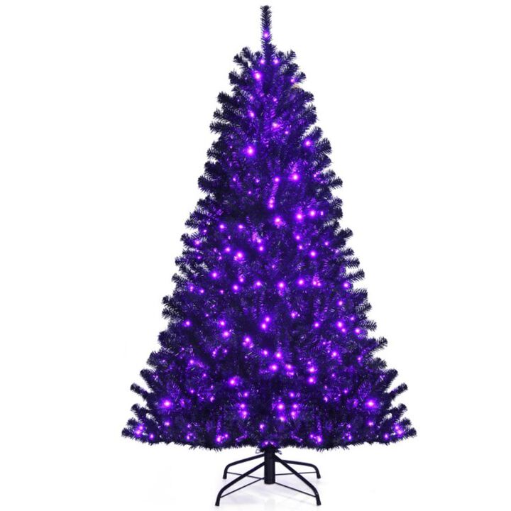 Hivvago Black Artificial Christmas Halloween Tree with Purple LED Lights