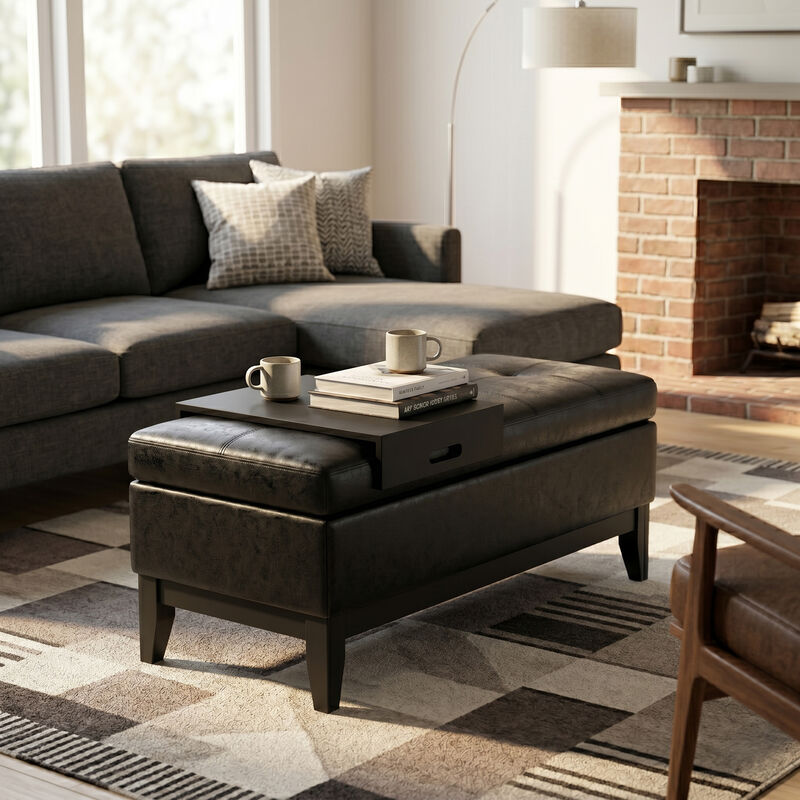 Oregon 42 inch Wide Transitional Rectangle Storage Ottoman Bench with Tray in Distressed Black Vegan Faux Leather, Assembled image number 1
