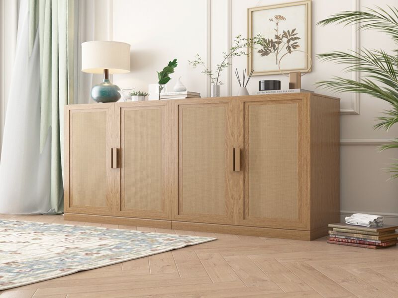 2-Piece Modern Minimalist Wicker Door Wood Grain Edge Cabinet, Multifunctional Storage with 3 Layers of Shelves