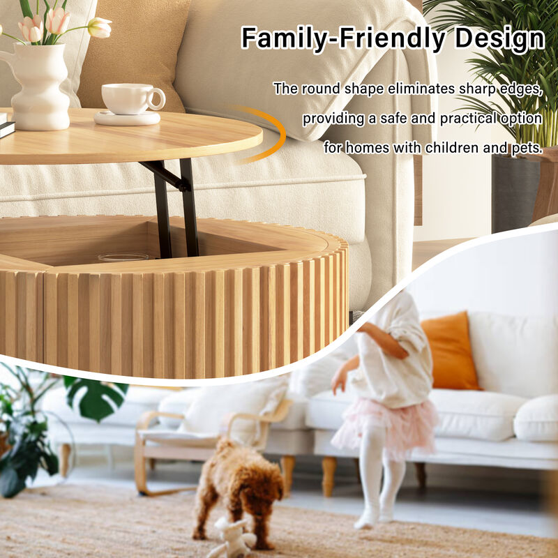 Merax Height-Adjustable Round Coffee Table with Smooth Lift Mechanism, Concealed Storage image number 6