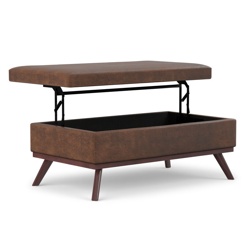 Owen 42 inch Wide Mid Century Modern Rectangle Lift Top Large Coffee Table Storage Ottoman in Distressed Chestnut Brown Vegan Faux Leather, Assembled image number 0