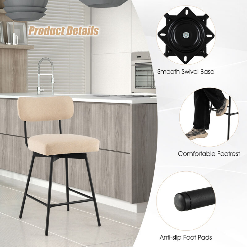 25" 2-Piece Modern Upholstered Bar Stools with Back and Footrests-Beige