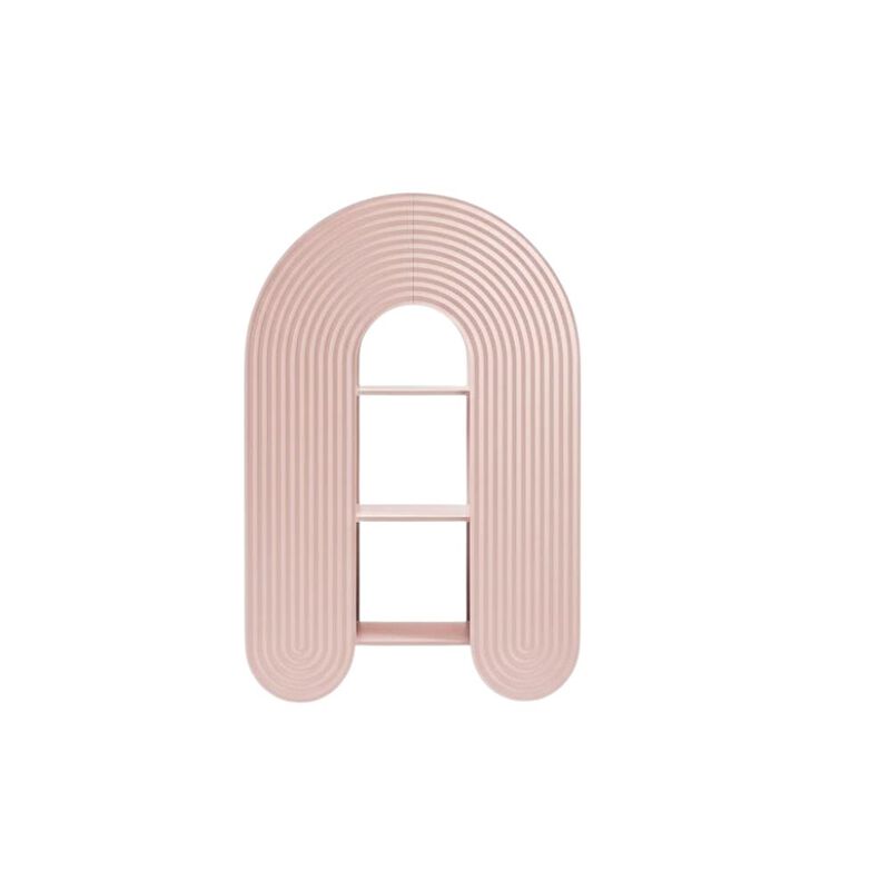 Red arched bookshelf with spacious shelves and nylon accents image number 1