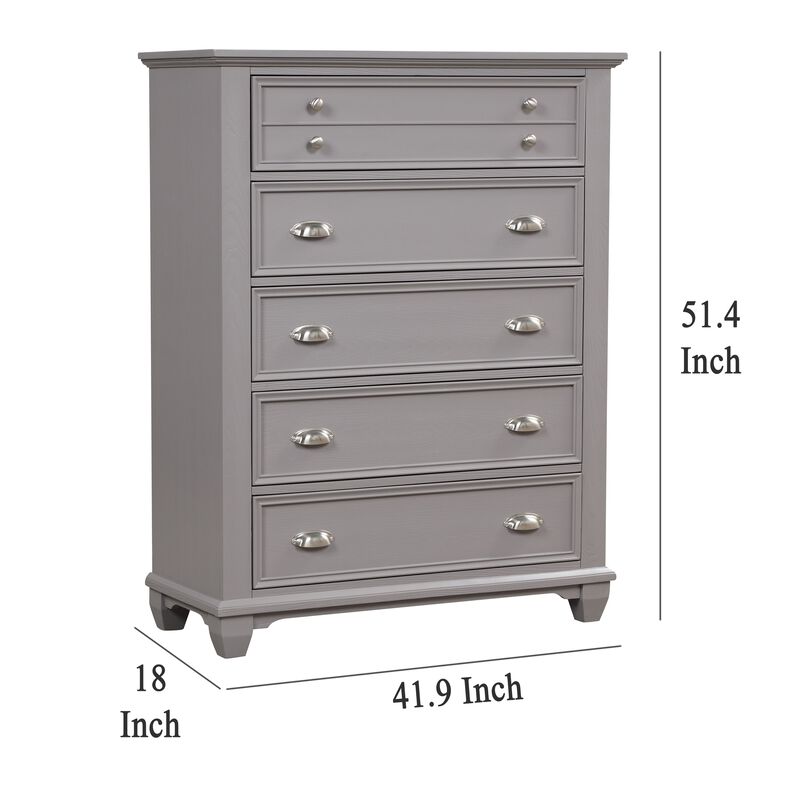 Limi Tall Dresser Chest, 5 Drawers, Light Gray Solid Acacia Wood - Benzara