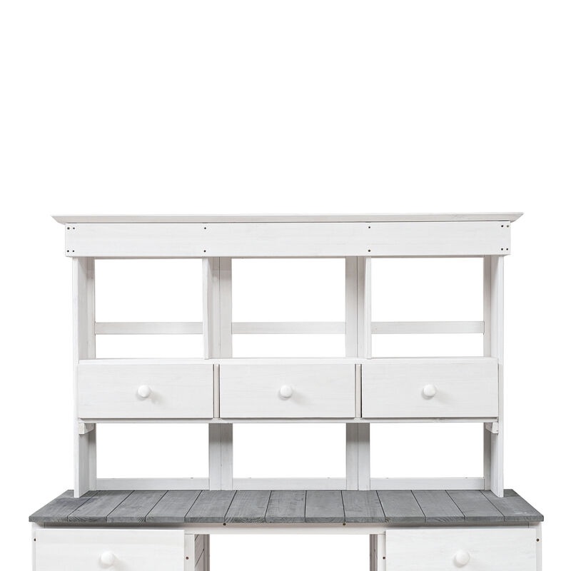 Garden Potting Bench Table, Rustic and Sleek Design with Multiple Drawers and Shelves for Storage, White and Gray