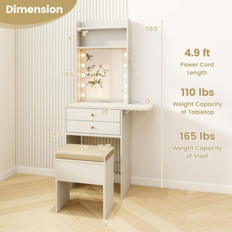 Hivvago Compact Vanity Desk Set with 3-Color Lighted Mirror and Power Outlets