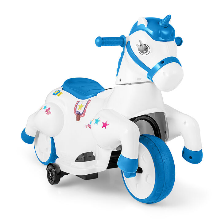 Kids 12V Ride On Unicorn Toy with Training Wheels and Horse Riding Design