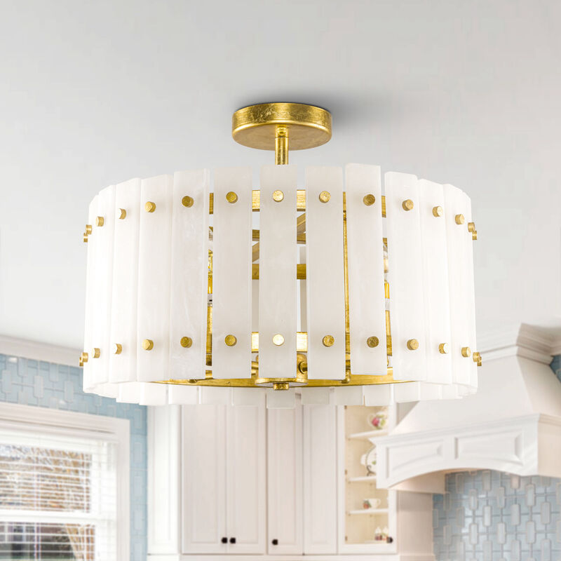 17.7" 4-Light Modern Gold Caged Semi Flush Mount Ceiling Light with Imitation Marble Shade