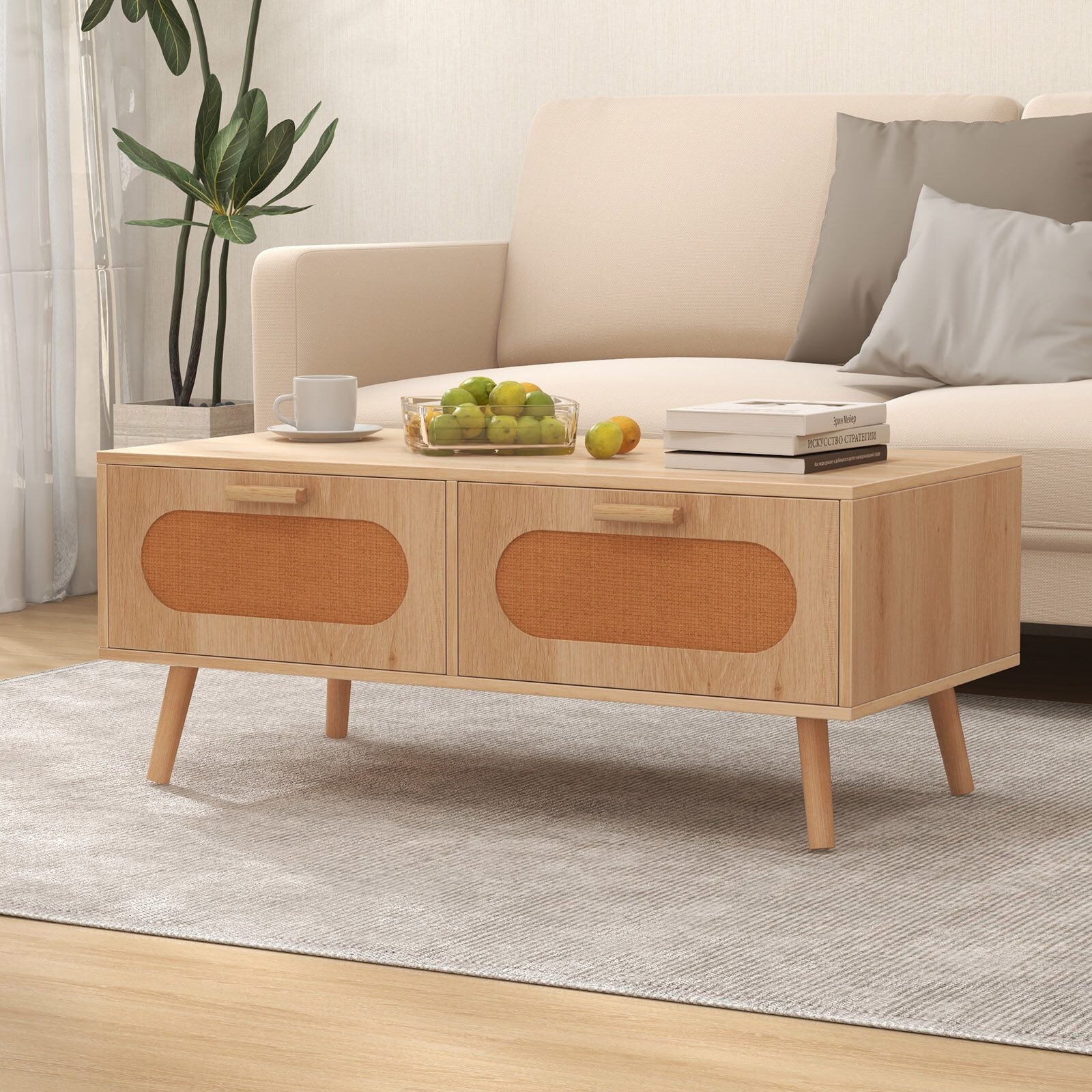 Retro Rattan Coffee Table with 2 Pull-Out Drawers – Mid Century