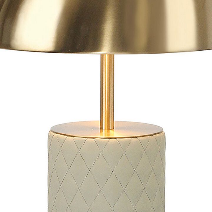 Aria 21 Inch Table Lamp, Dome Shade, Round Base, Beige Faux Leather, Brass-Benzara