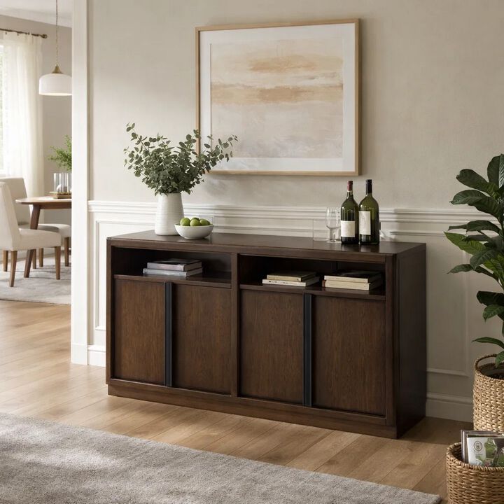 Dely Buffet Server, 4 Cabinet Doors w 2 Open Shelves, Dark Brown 60 Inch