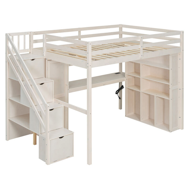 Merax Full Size All-in-One Loft Bed with Wardrobe, Desk & LED Lights