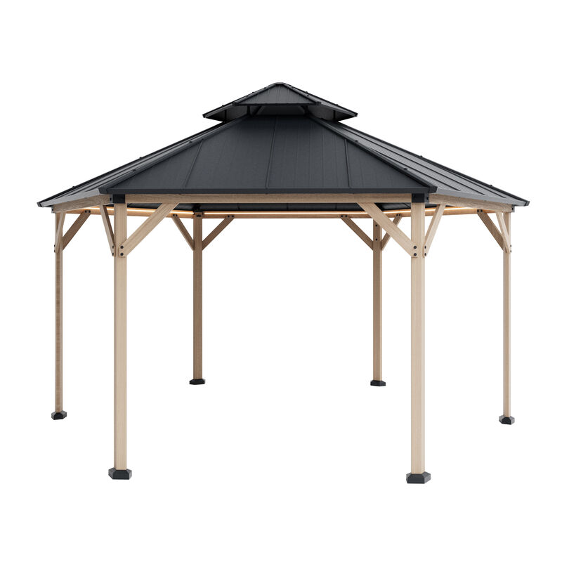 Mondawe 15Ft Hexagon Hardtop Gazebo with Solar LED Light and Metal Roof, Gray image number 0