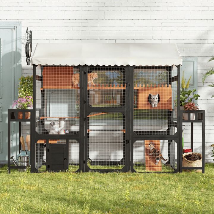 Whisen 108" Large Outdoor Pet Furniture with 2 Plant Stands, 6 Platforms, Metal & Pine Wood, Backyard Catio for Multiple Cats