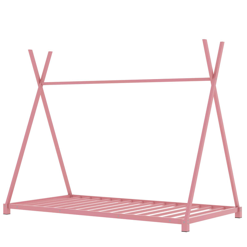 Whisen Metal Twin Size House Platform Bed with Triangle Structure - Pink