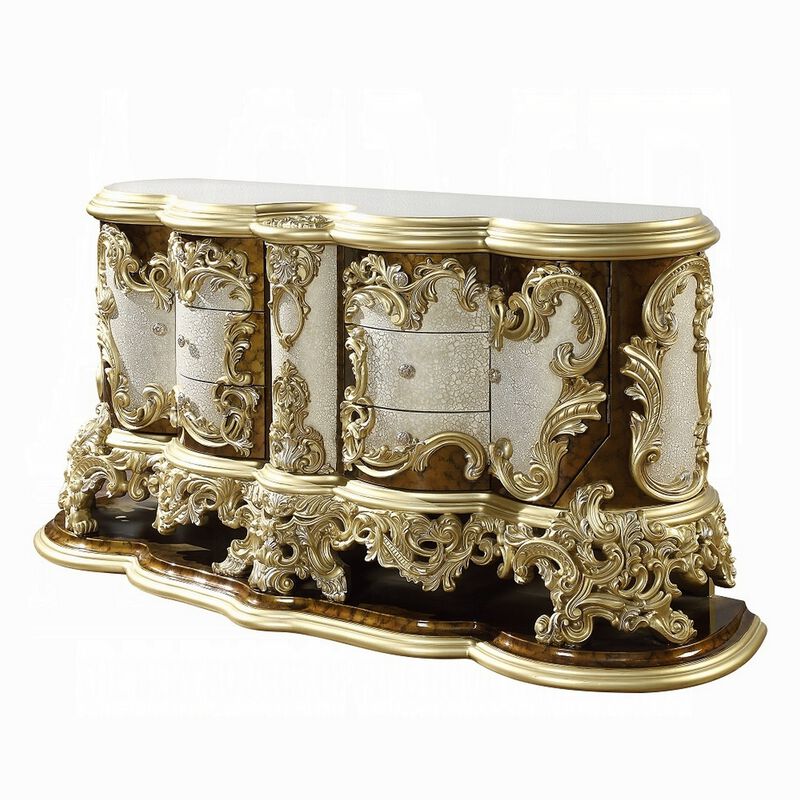 Mara Wide Dresser Chest with 6 Drawers and 2 Doors, Gold, Brown Wood - Benzara image number 0
