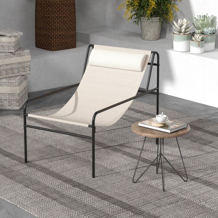 Hivvago Patio Sling Lounge Chair with Removable Headrest Pillow and Metal Frame-Beige