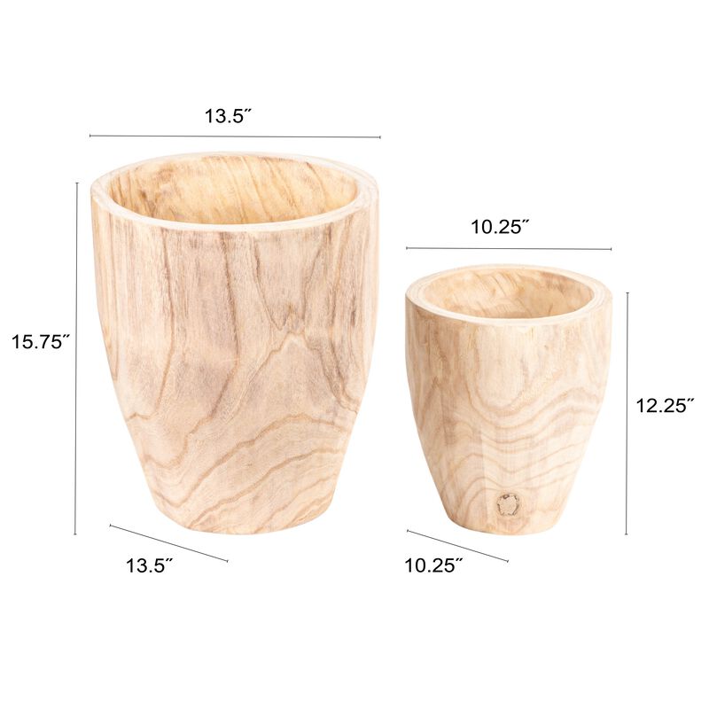 2‑Piece Round Paulownia Wood Planters, Natural Finish image number 1