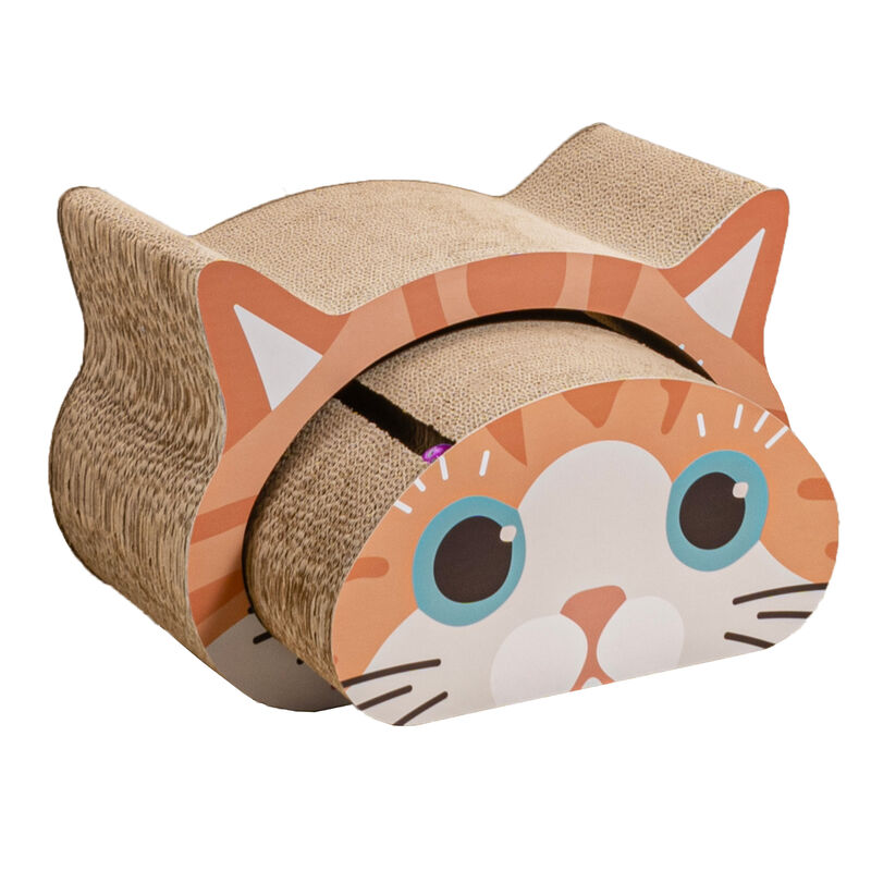 Opal Modern Cardboard Happy Cat Head 2-in-1 Cat Cave Scratcher with Built-In Bell Toys and Catnip