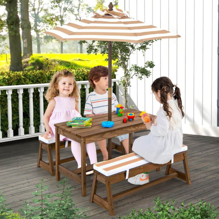 Hivvago Kids Picnic Table and Bench Set with Cushions and Height Adjustable Umbrella