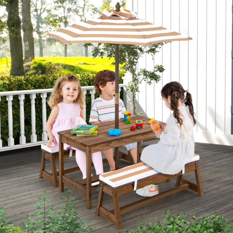 Hivvago Kids Picnic Table and Bench Set with Cushions and Height Adjustable Umbrella
