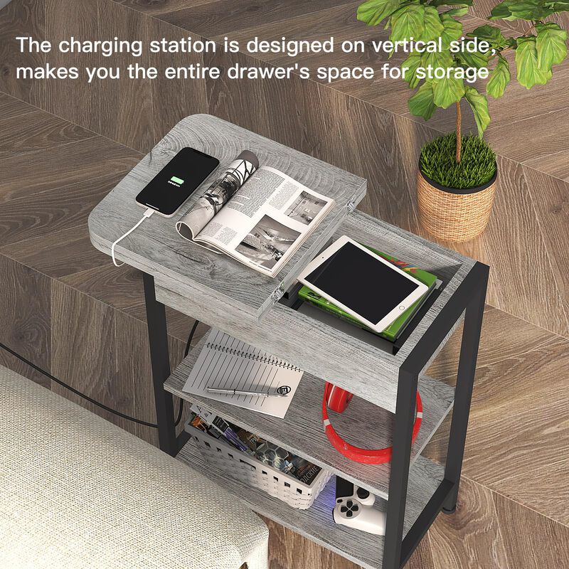 LIDYUK End Table with Charging Station, Set of 2 Flip Top Narrow Side Table for Small Spaces, Nightstands Set of 2 for Bedroom,