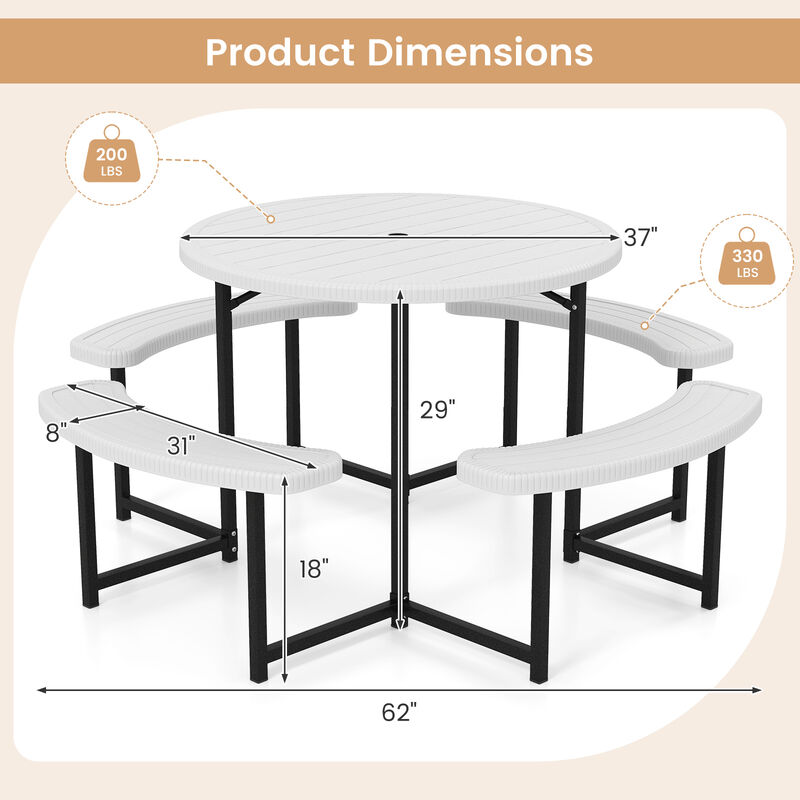 Round Picnic Table Set with 4 Benches and Umbrella Hole &ndash; Outdoor Patio Dining