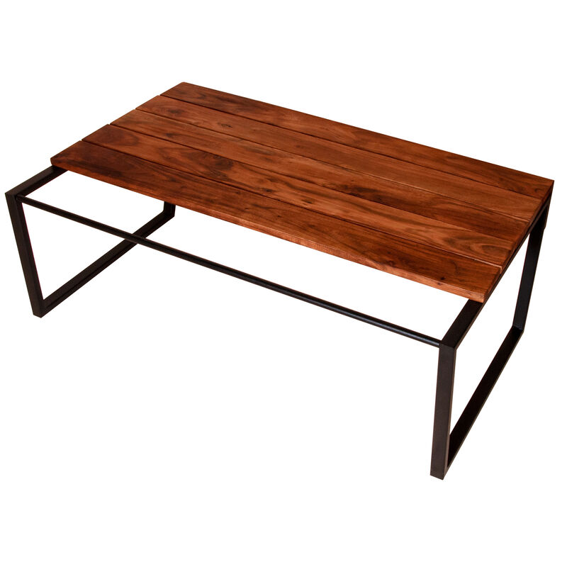 41.7 Inch Rectangular Coffee Table with Plank Style Top, Metal Frame, Brown and Black