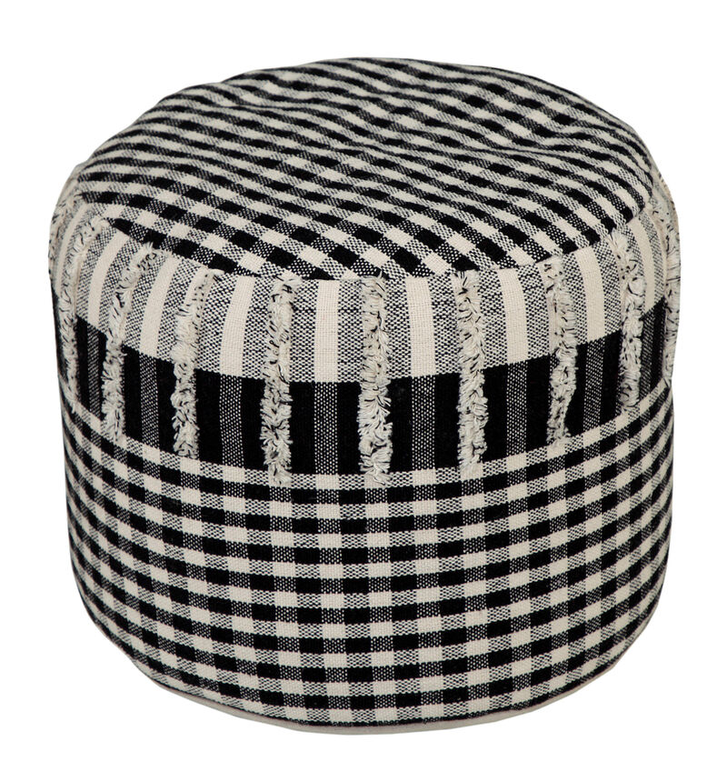Cotton Cylinder Round Pouf &ndash; Plaid Ottoman Footstool for Modern Living Room