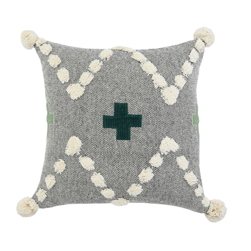 20" Green and Gray Swiss Cross Hand Loomed Square Throw Pillow