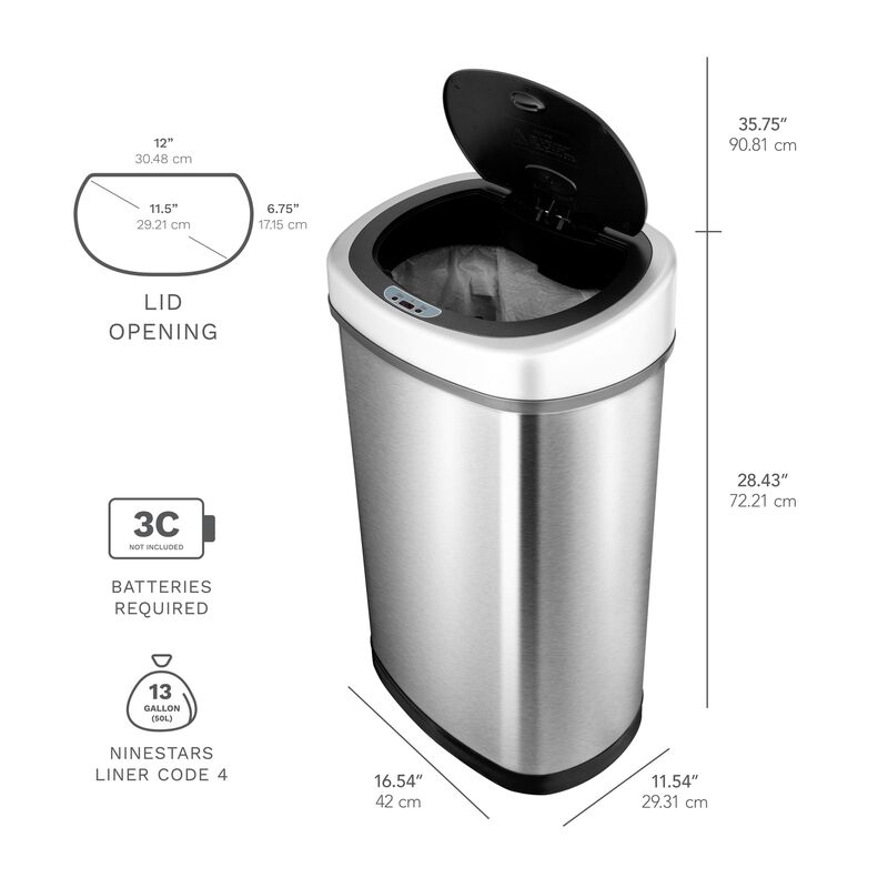 Ninestars Classic Rectangular 13.2-Gallon Stainless Steel Motion Sensor Trash Can image number 4