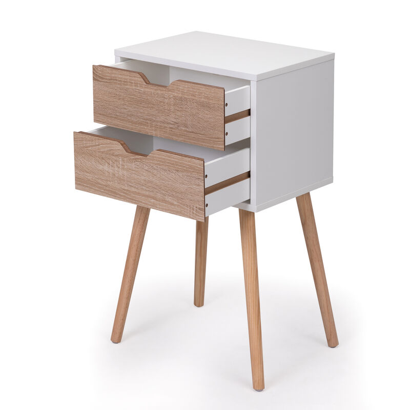 Streamdale 2-Drawer Nightstand with Solid Wood Legs, White/Walnut