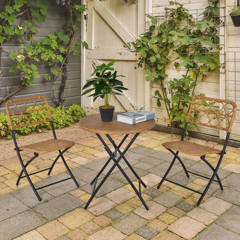 Outsunny 3 PCS Rattan Wicker Bistro Set with Easy Folding, Hand Woven Rattan Coffee Table and Chairs for Outdoor Lawn, Pool, Balcony & Garden, Natural