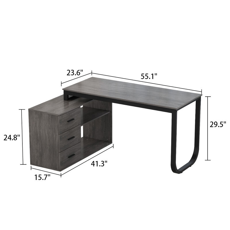 55.1 in. L-Shaped Gray Wood Writing Desk Corner Gaming Desk With 2-Tier Shelves and 3-Drawers Home Office Use