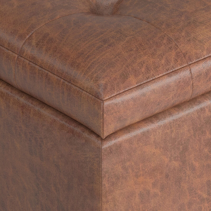 Cosmopolitan 34 inch Wide Transitional Rectangle Storage Ottoman in Distressed Saddle Brown Vegan Faux Leather, Assembled