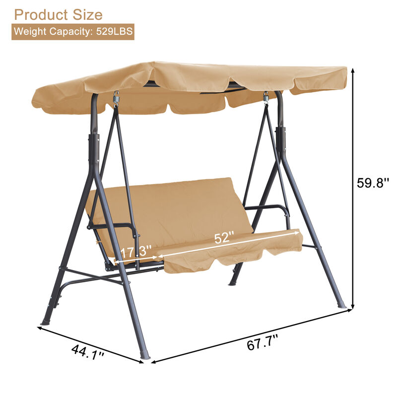Patio Porch Swing Chair with Adjustable Canopy, Seats 3 Adults, Steel Frame, Armrests